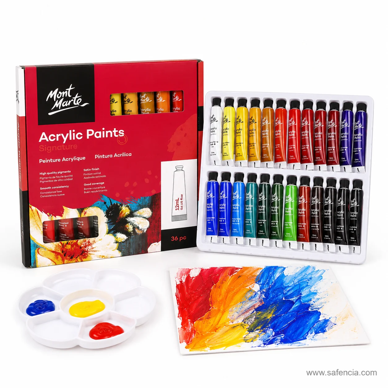 Mont Marte Signature 36 pc red box with its full tray of tubes, a palette and a painted colour board