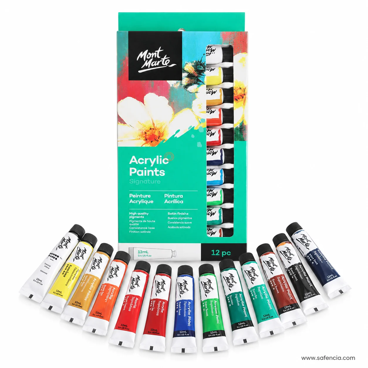 Teal Mont Marte Signature 12 pc box fanned with all twelve 12 ml acrylic tubes below it