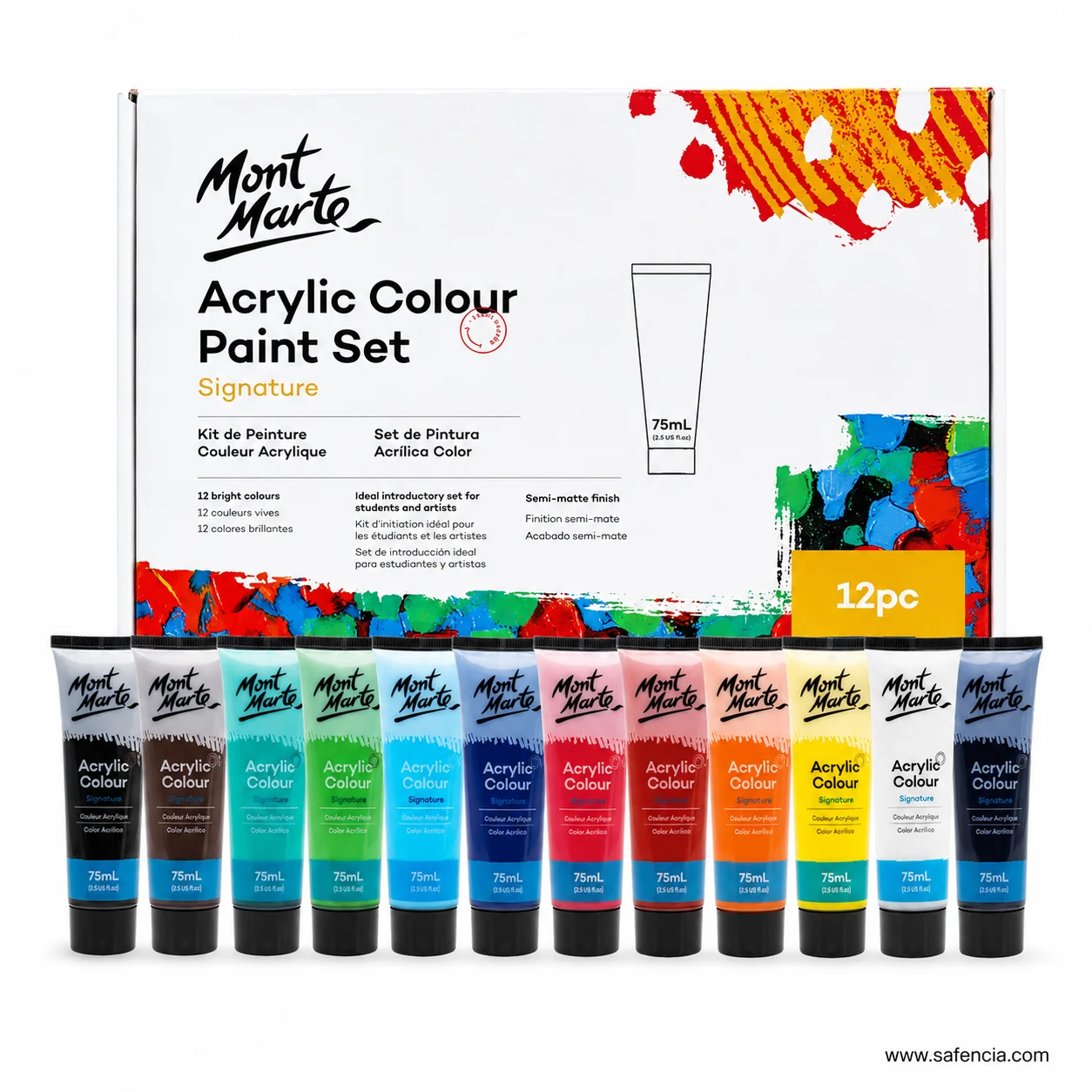 Mont Marte Acrylic Paint 75ml 12 pc box with twelve large tubes standing in a row below it