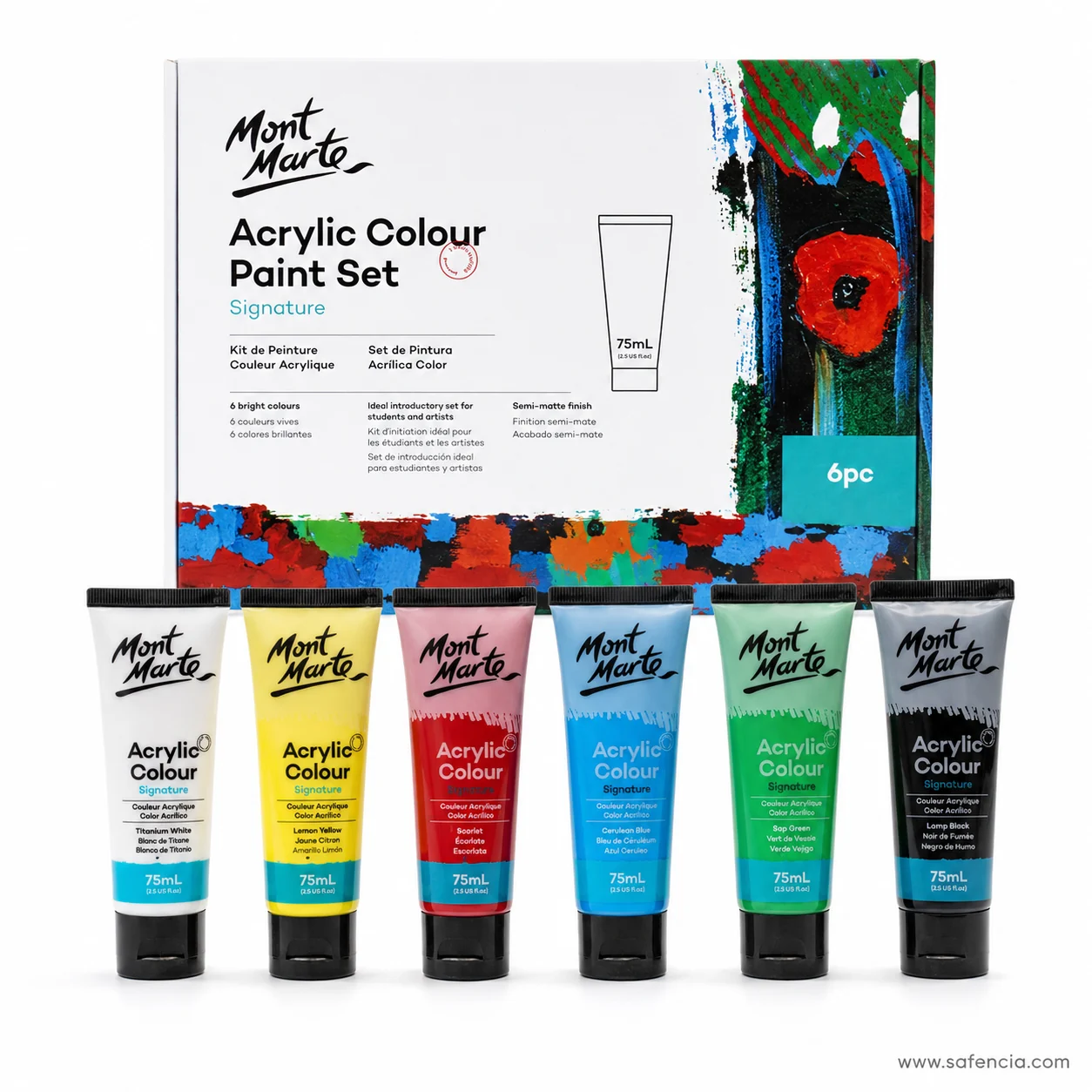 Mont Marte Acrylic Paint 75ml 6 pc box with six large flip-cap tubes standing in front of it