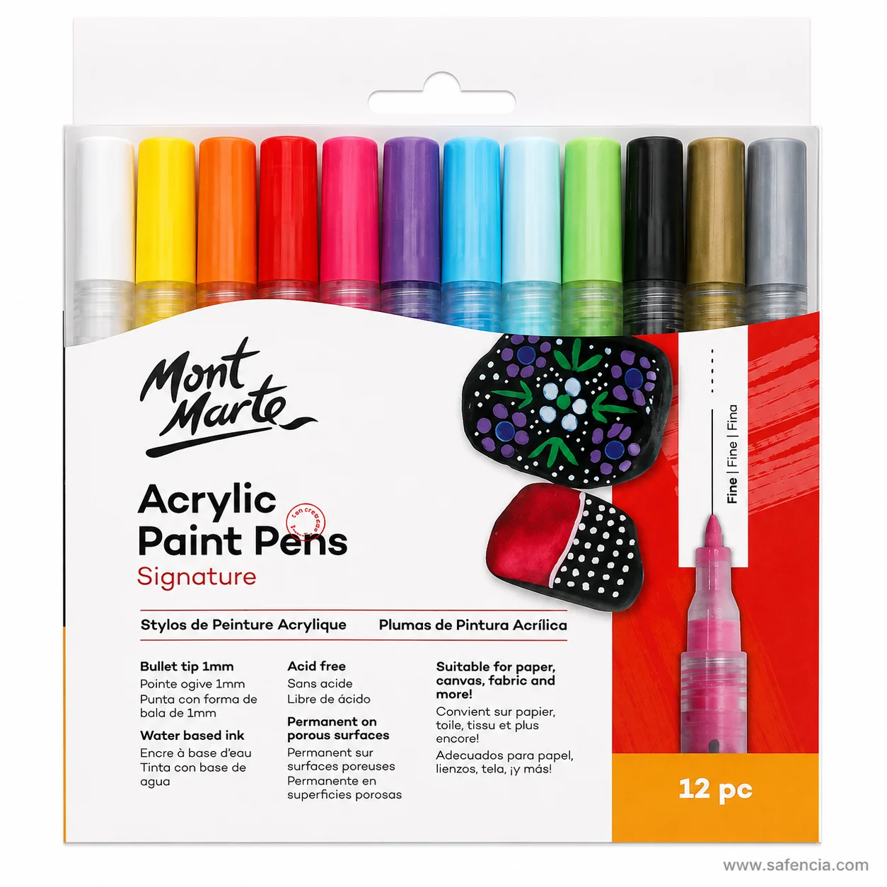Front of the Mont Marte Acrylic Paint Pens pack showing the 12 pc flash and the painted rock artwork