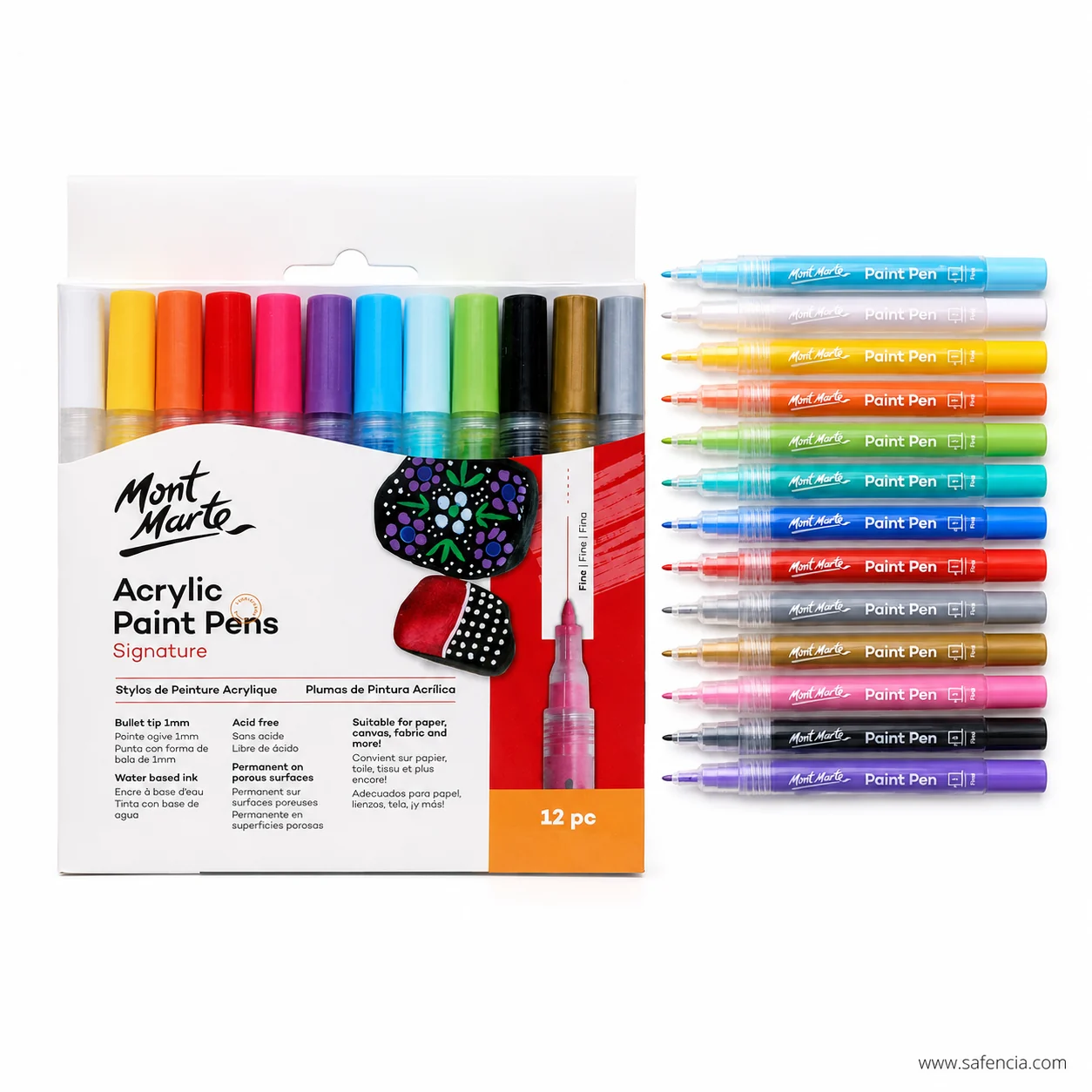 Twelve Mont Marte acrylic paint pens laid in a vertical strip beside the pack in colour order
