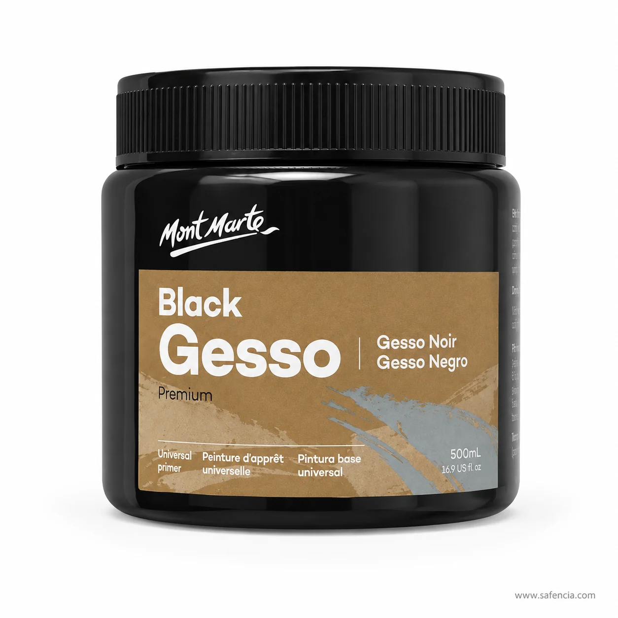 Black gesso jar label reading Black Gesso, Gesso Noir, Gesso Negro and universal primer