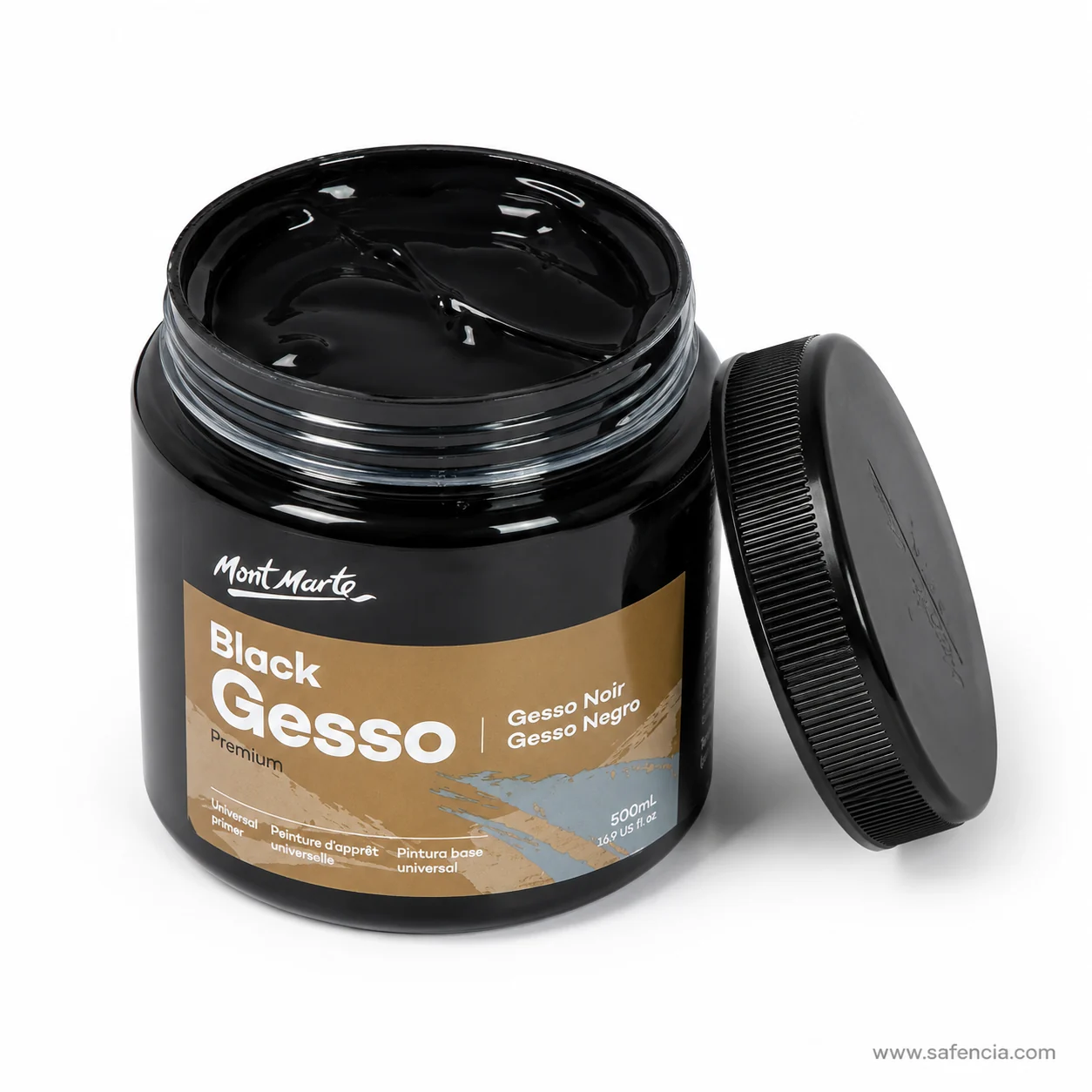 Open black gesso jar with the lid off showing the thick glossy black gesso inside
