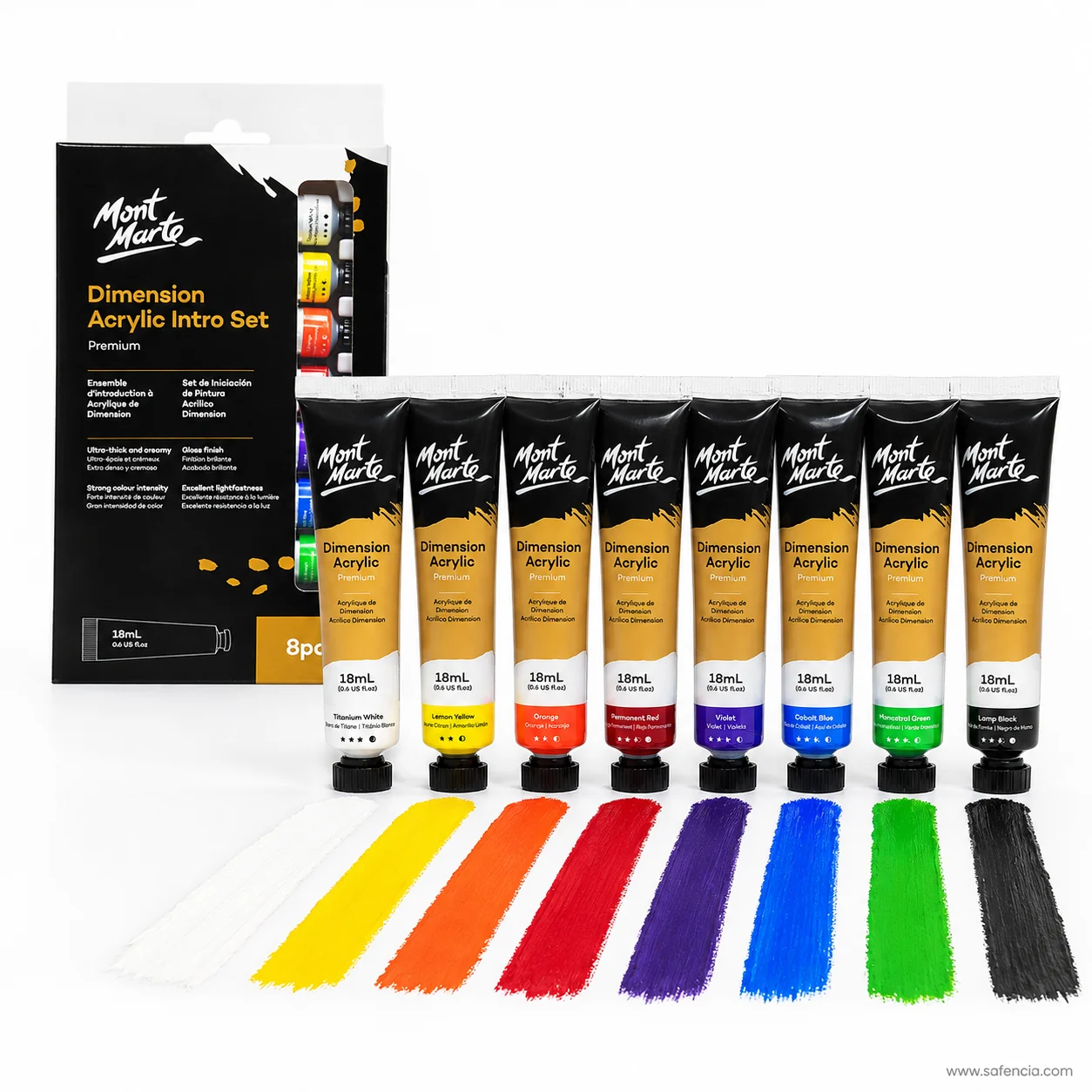 Mont Marte Dimension acrylic box with eight tubes above thick brushed bands of each colour