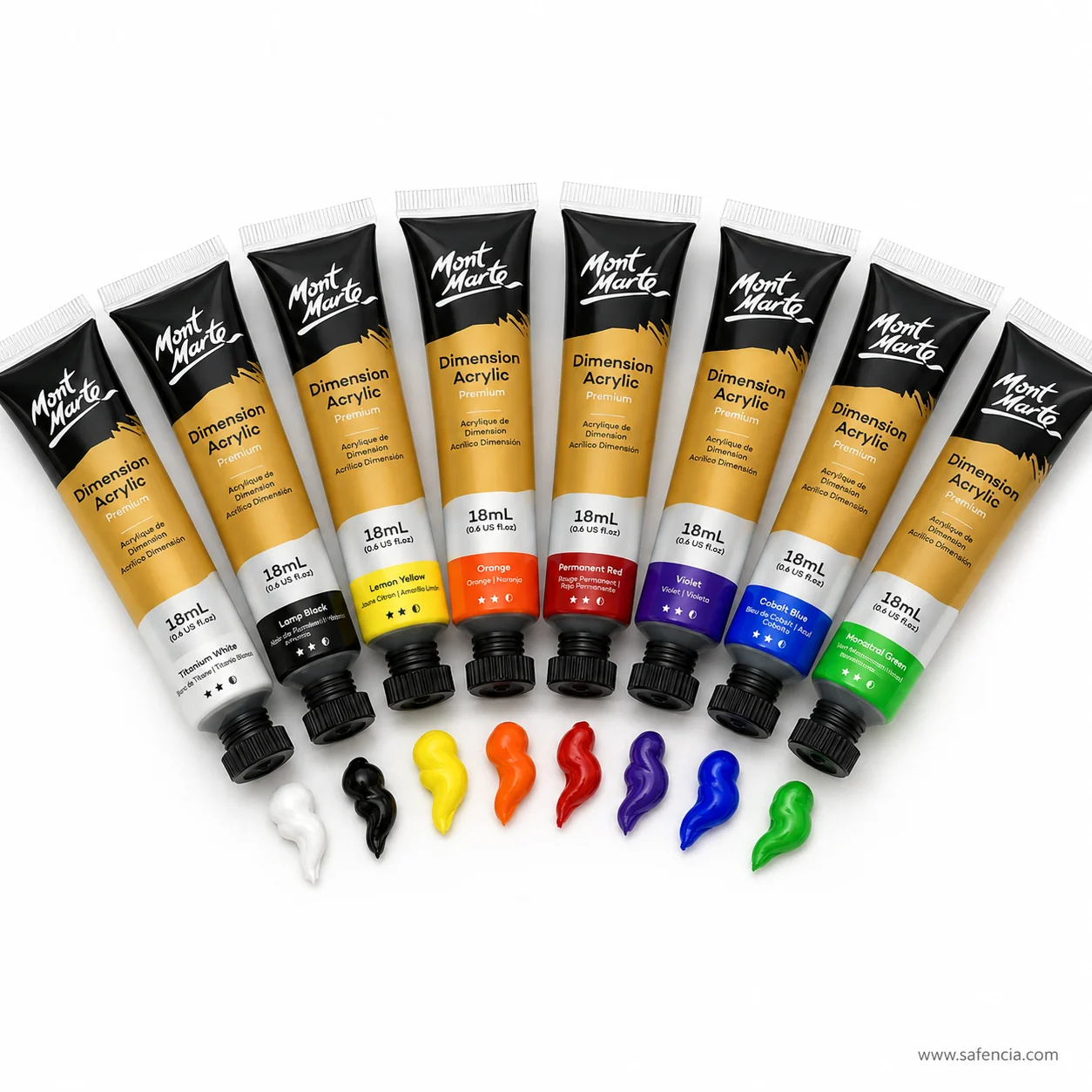 Eight named Mont Marte Dimension acrylic tubes fanned above eight peaks of thick standing paint