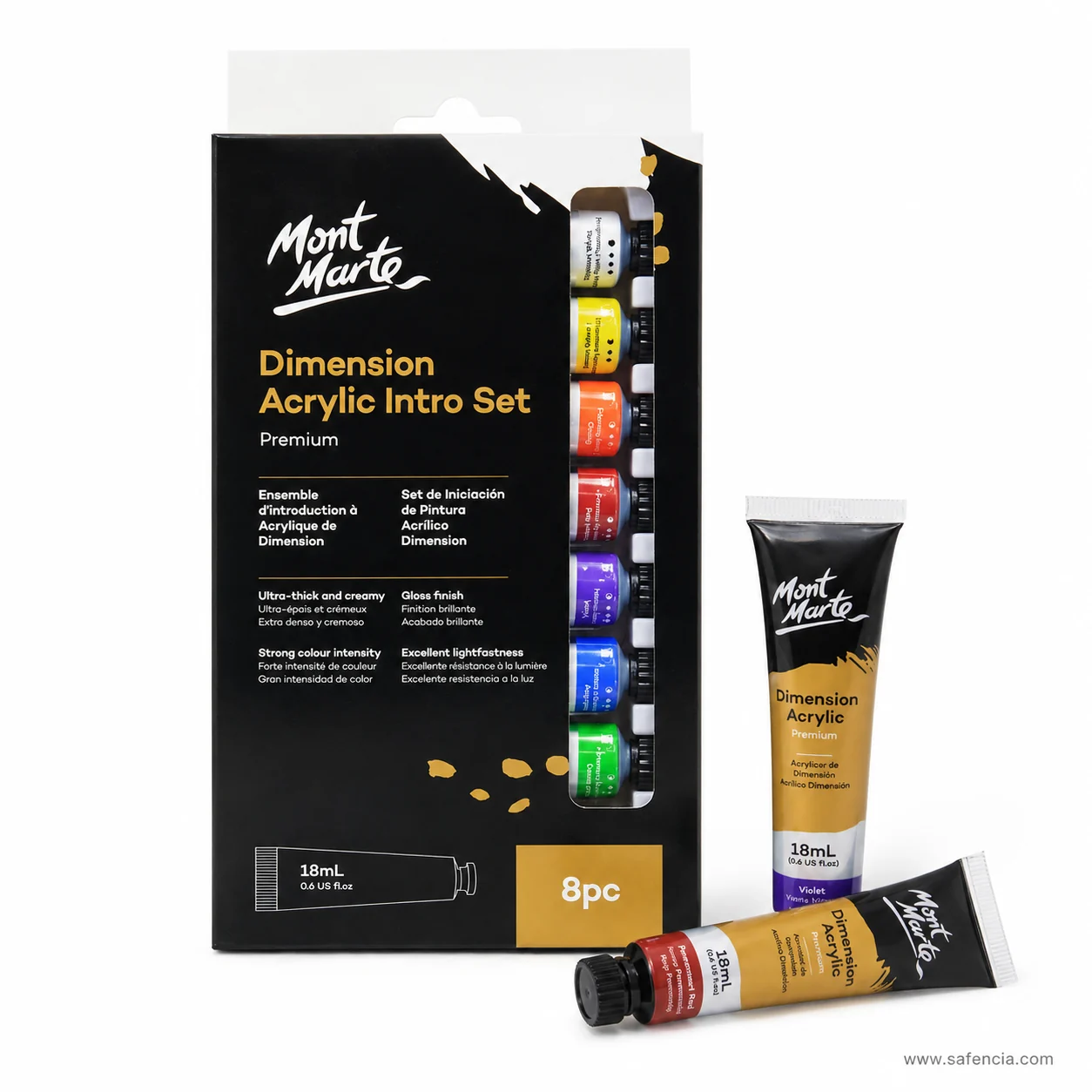 Front of the Mont Marte Dimension Acrylic Intro Set box with two 18 ml tubes lying in front of it