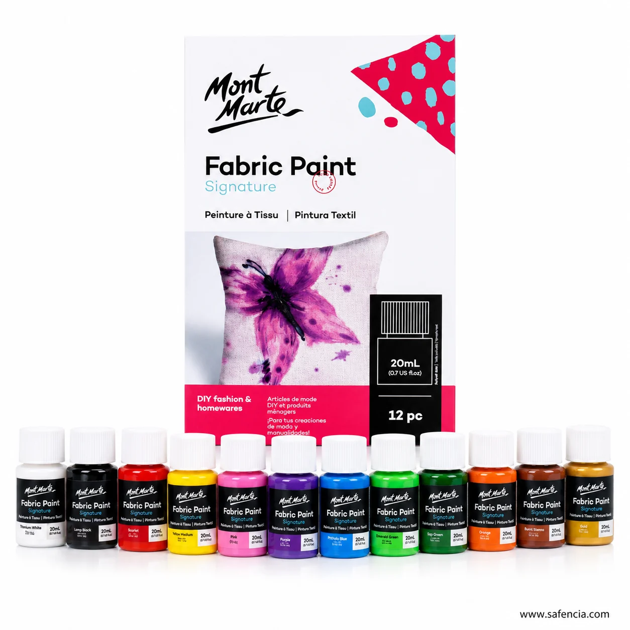 Front of the Mont Marte Fabric Paint Signature 12 pc carton with its twelve bottles in a row below