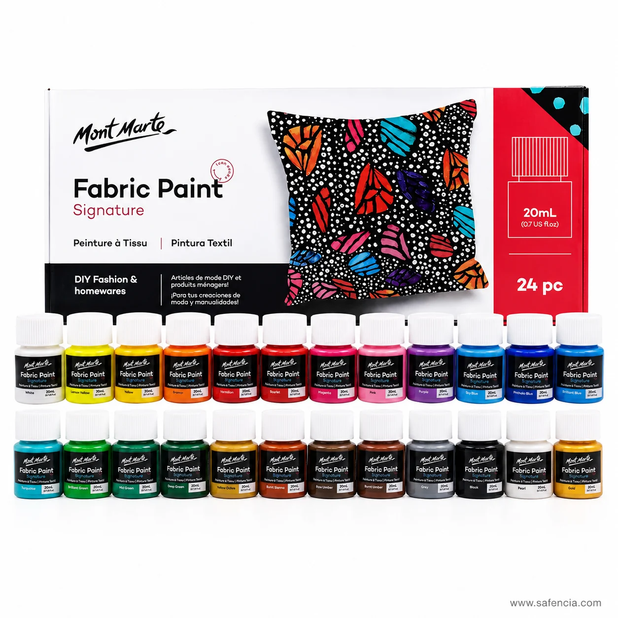 Mont Marte Fabric Paint Signature 24 pc carton with twenty-four 20ml bottles laid out beneath it