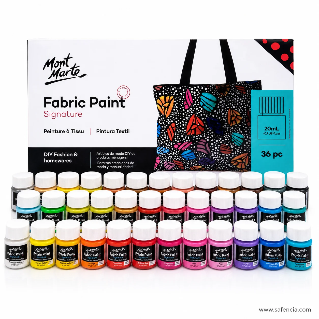 Mont Marte Fabric Paint Signature 36 pc carton beside a black tote bag painted with bright butterflies