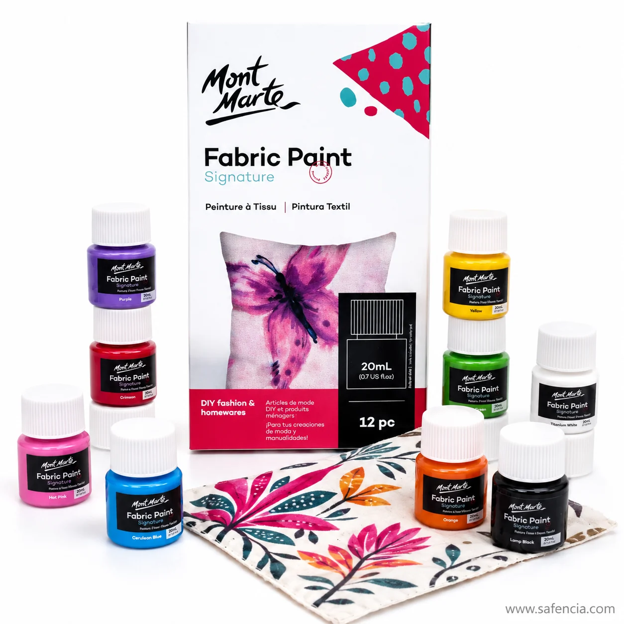 Mont Marte fabric paint bottles scattered around a cloth painted with large pink and blue flowers