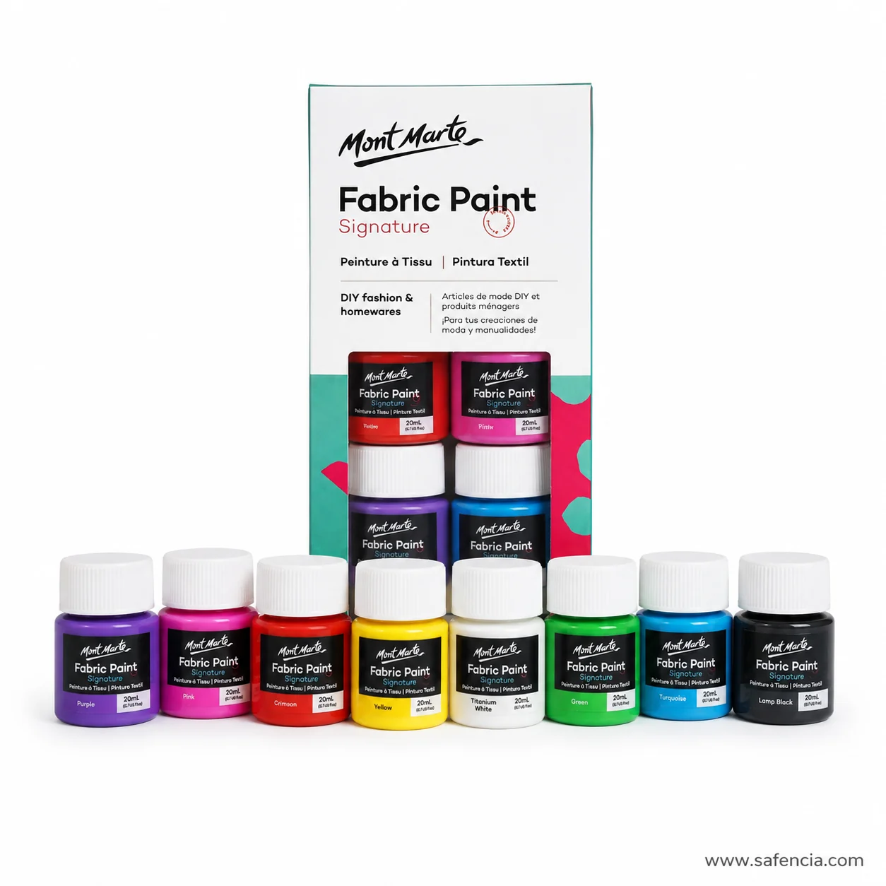 Mont Marte Fabric Paint Signature carton standing behind its bottles arranged in a stepped row