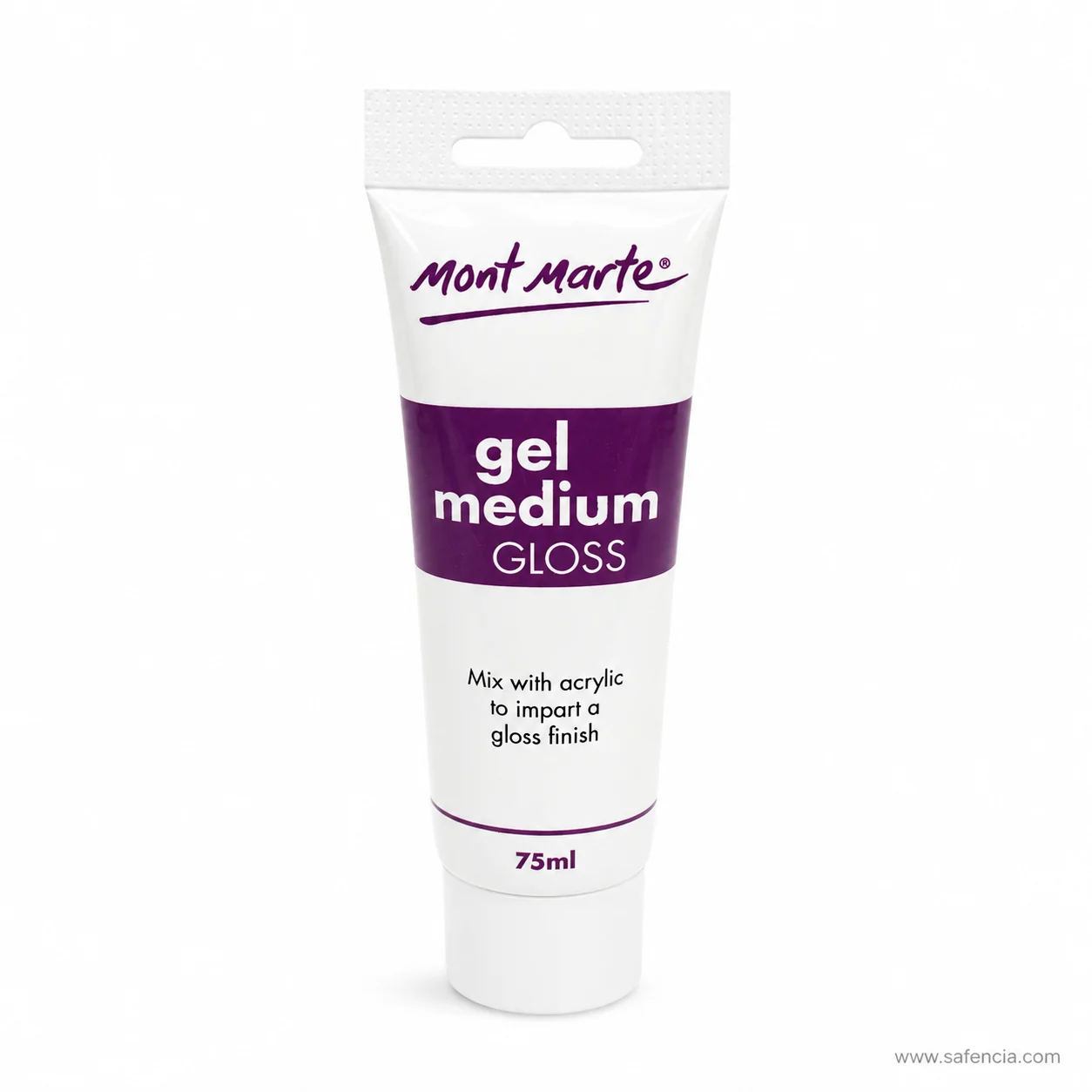 Close view of the gel medium tube showing the 75ml volume line under the purple band