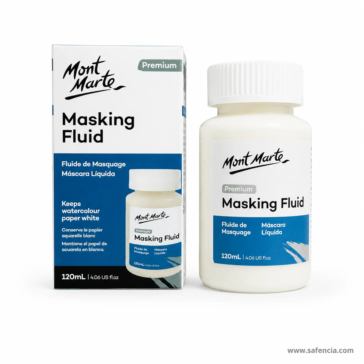 Mont Marte Masking Fluid box and jar side by side showing the Keeps watercolour paper white line