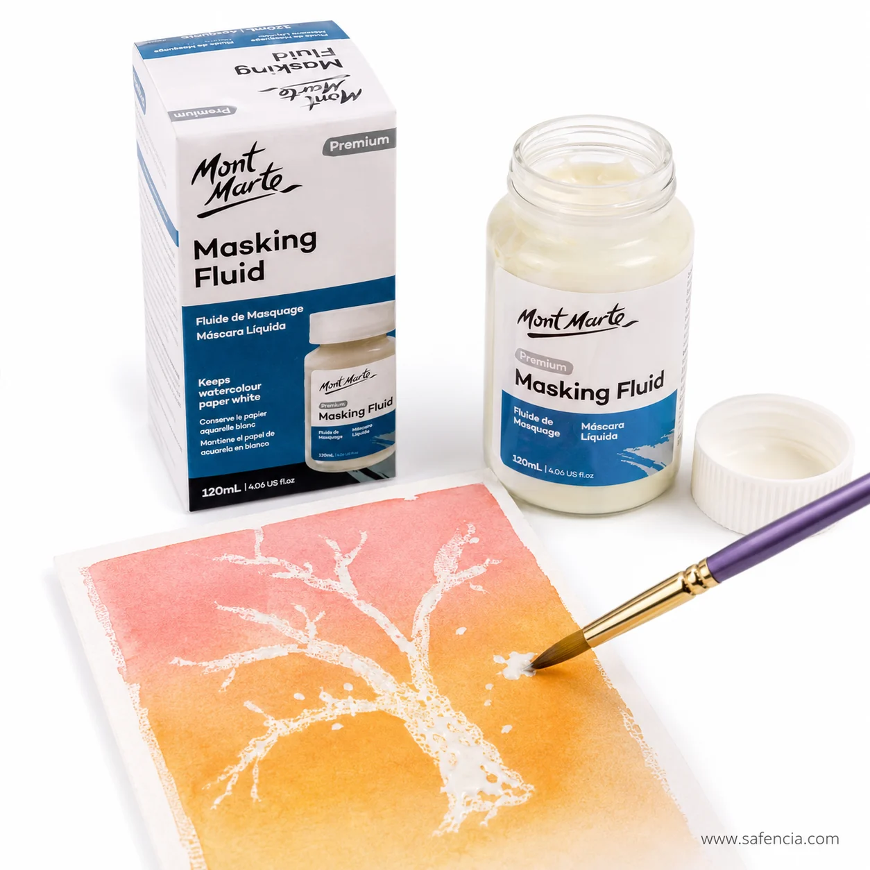 Brush working over a masked watercolour study with the masking fluid jar and box behind it
