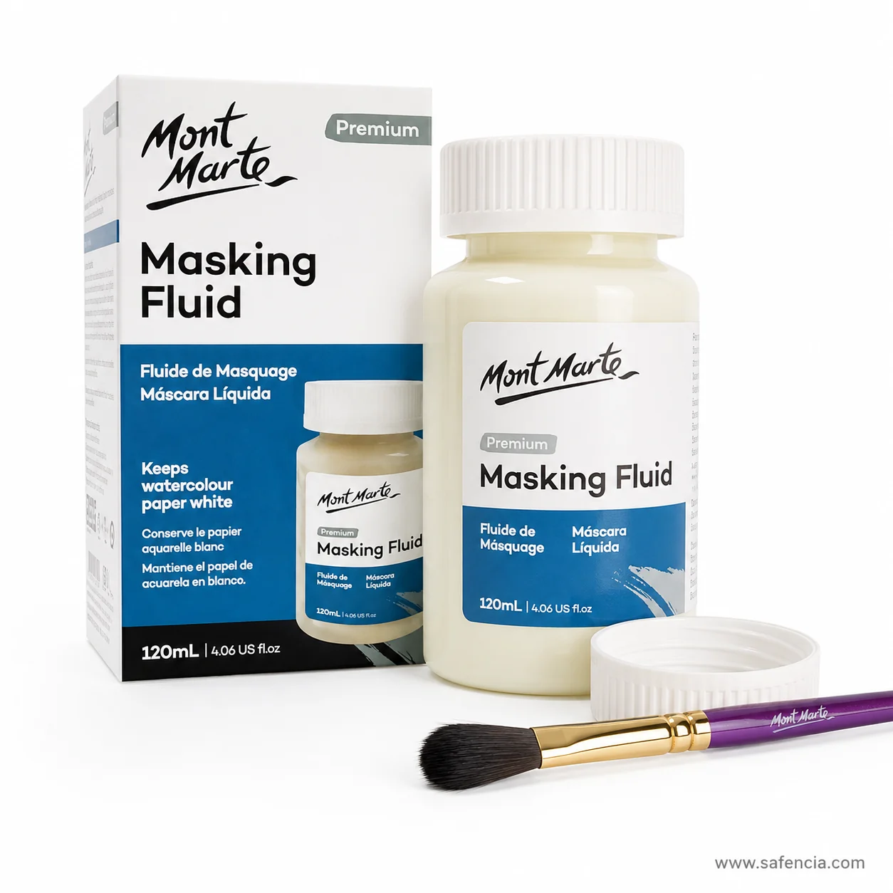 Masking fluid glass jar photographed to show the pale cream tint of the fluid inside