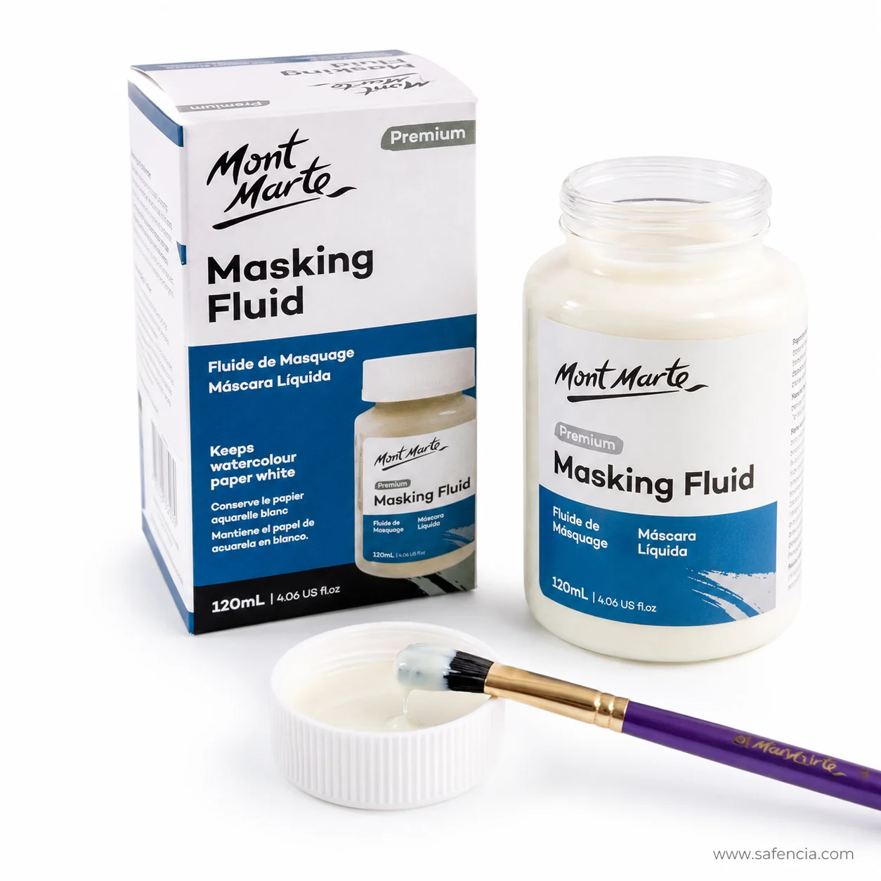 Masking fluid jar with a small white decanting dish and a soft brush laid in front of the box