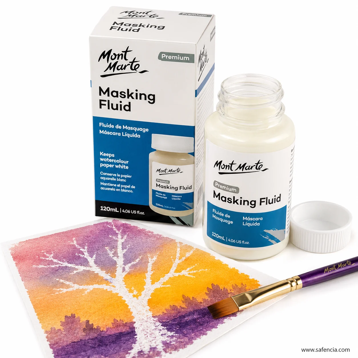 Open masking fluid jar beside a purple and orange watercolour study with a white masked tree