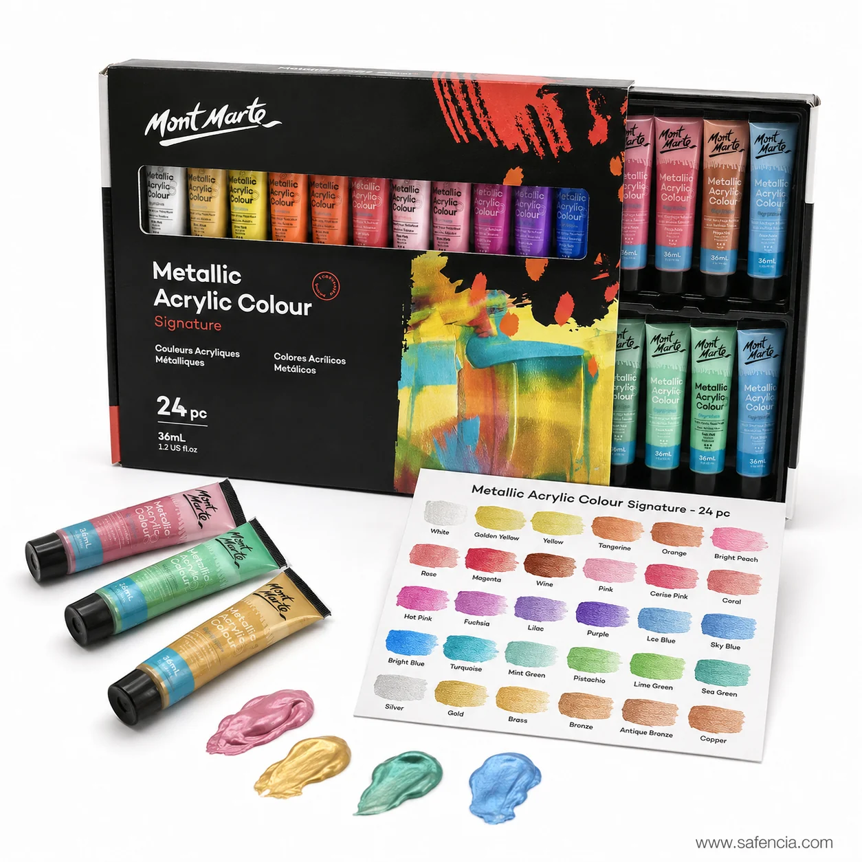Front of the Mont Marte Metallic Acrylic 24 pc box beside three tubes and a printed swatch card