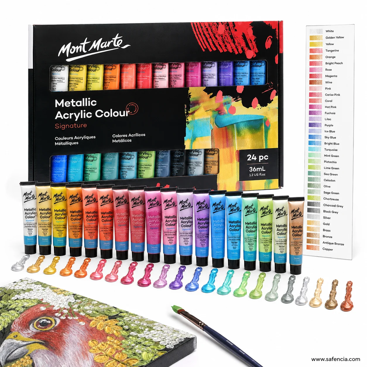 Full row of twenty-four Mont Marte metallic acrylic tubes with the shade chart standing beside them