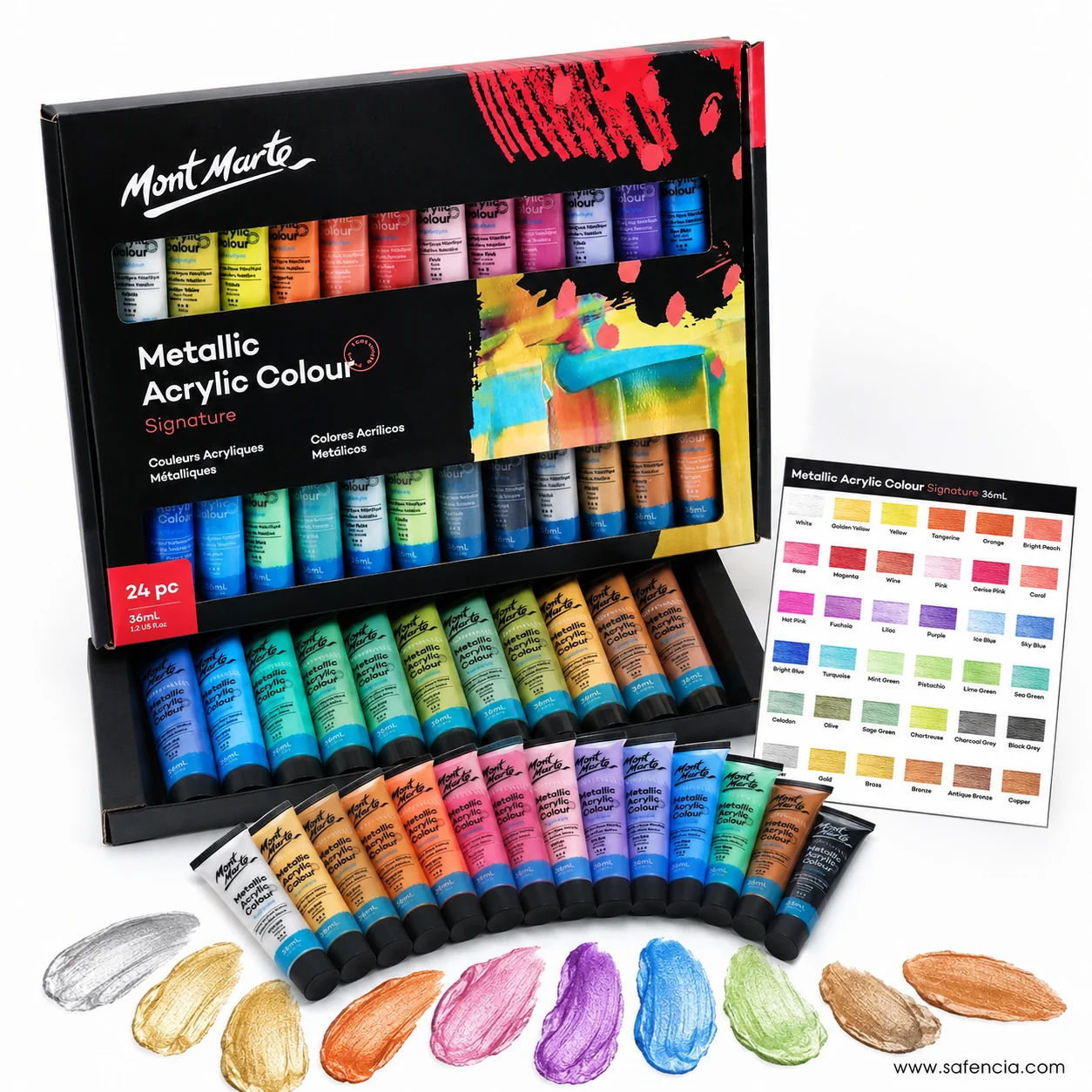 Open Mont Marte metallic acrylic carton with its tubes fanned out and metallic swatches below