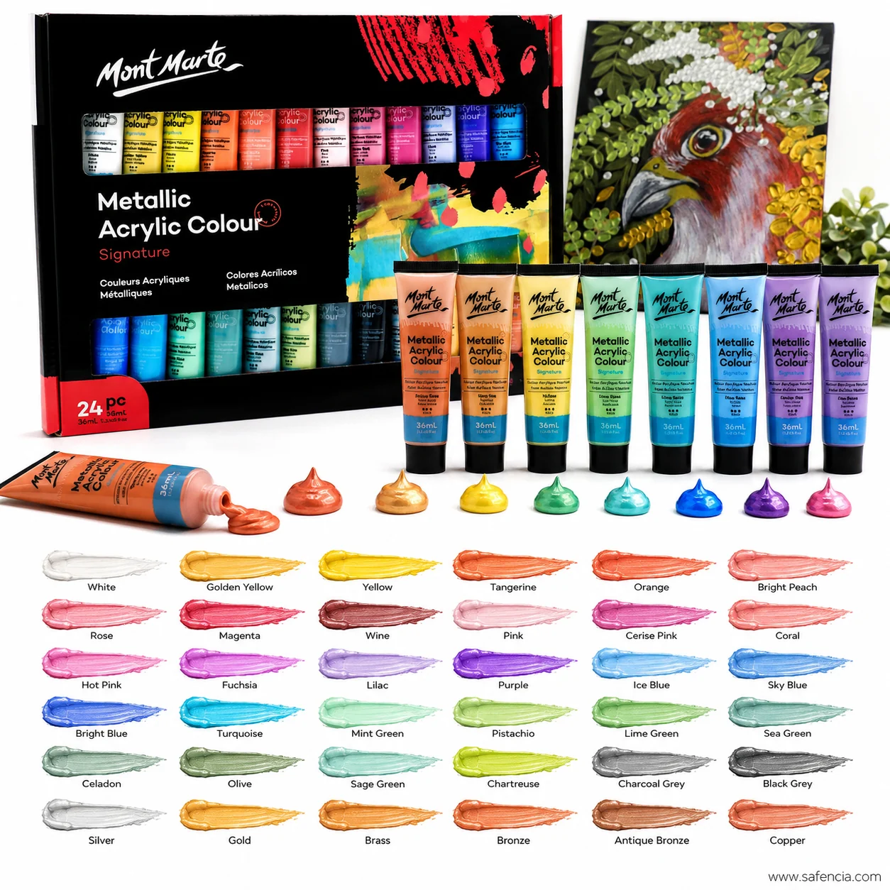 Metallic acrylic swatch grid of thirty-six named shades beside a finished painting of a bird