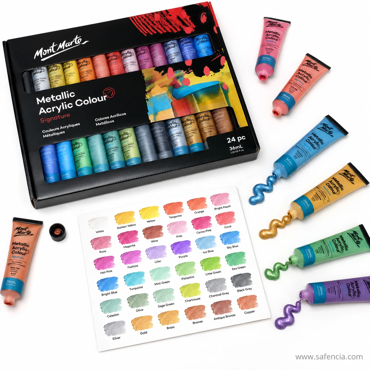 Mont Marte metallic acrylic tubes squeezed into swirls of pink blue gold and green beside the box