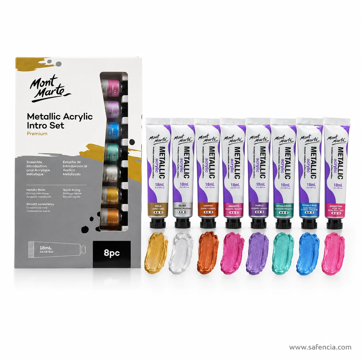 Mont Marte Metallic Acrylic Intro Set box beside eight upright tubes over a row of poured swatches