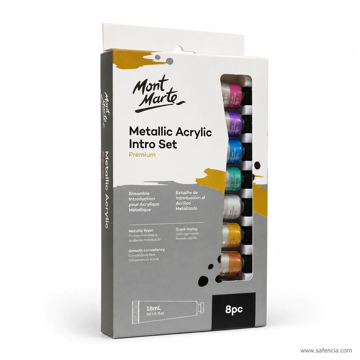 Mont Marte Metallic Acrylic Intro Set box angled to show the spine and hanging tab
