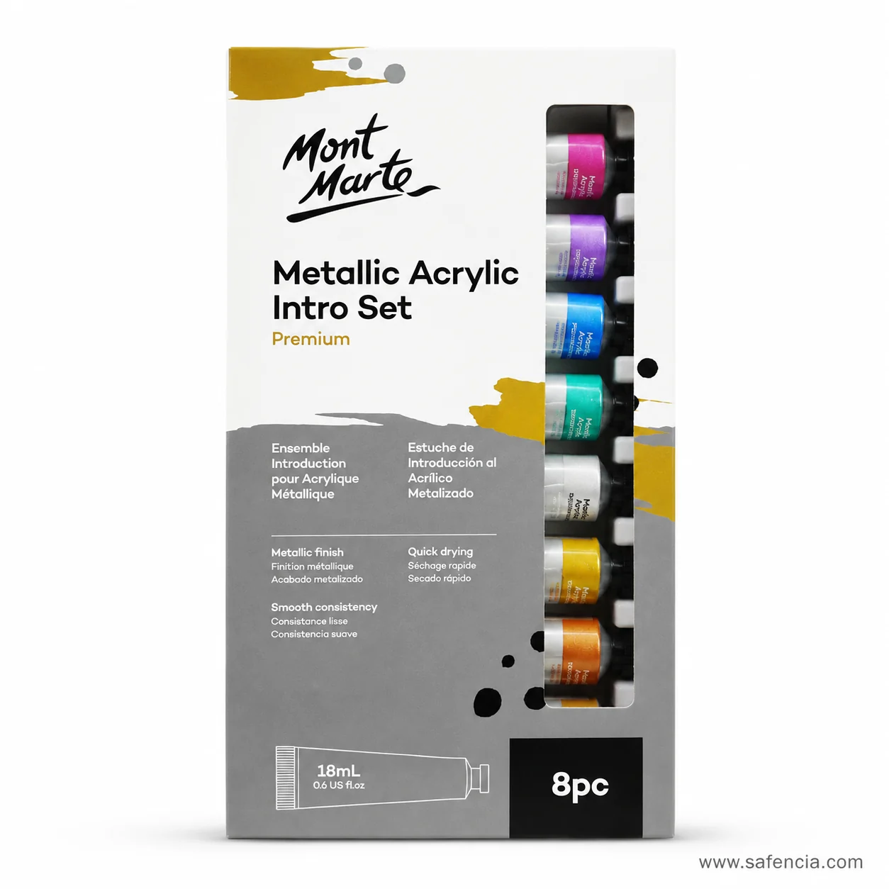 Front of the Mont Marte Metallic Acrylic Intro Set box showing the 8pc flash and 18mL window