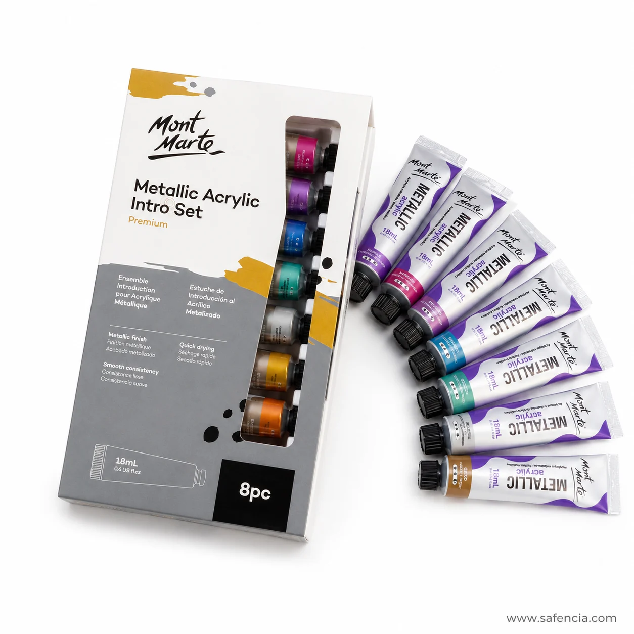 Mont Marte Metallic Acrylic Intro Set box with its eight tubes fanned out in an arc beside it