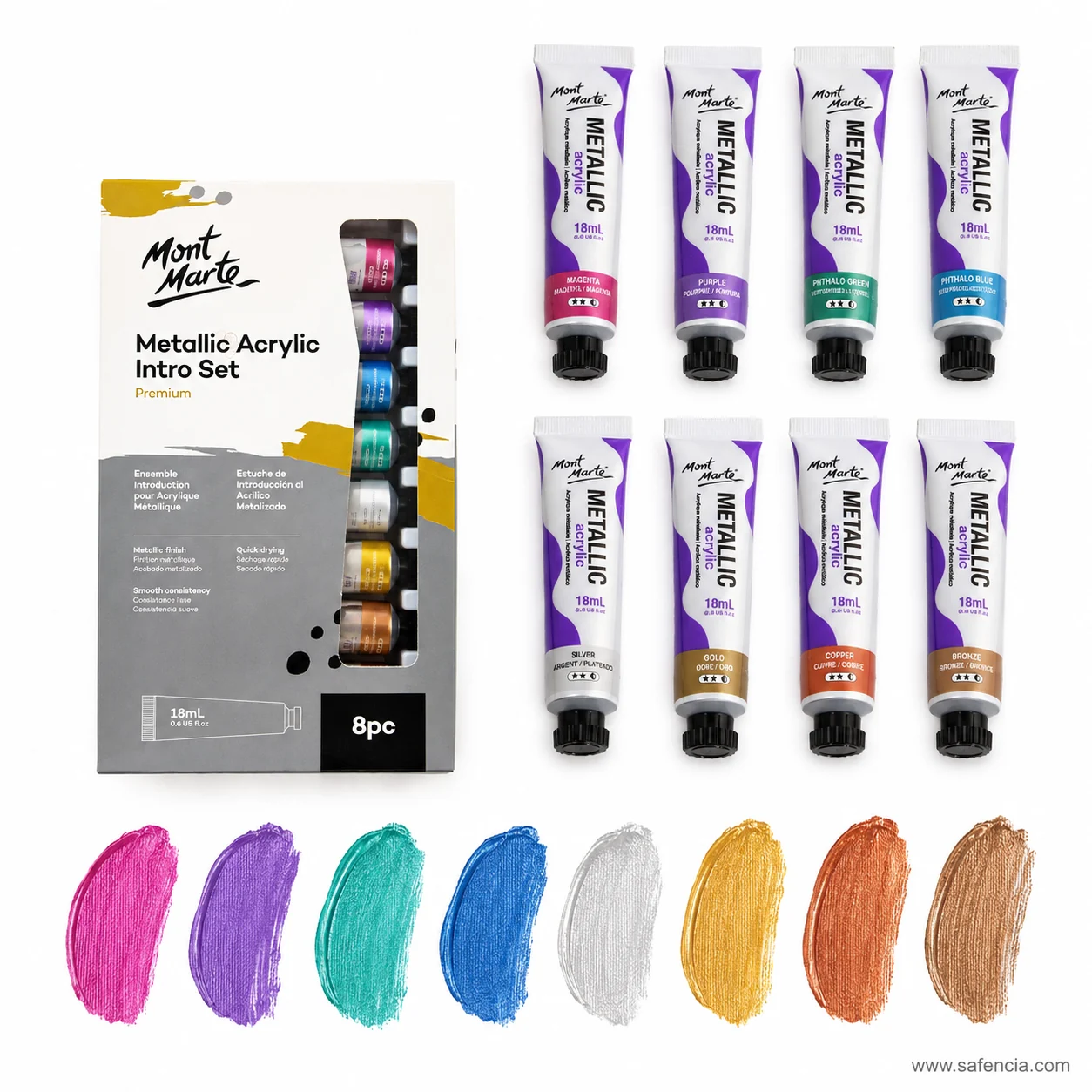 Mont Marte metallic acrylic box with tubes stacked in two rows above eight painted swatches