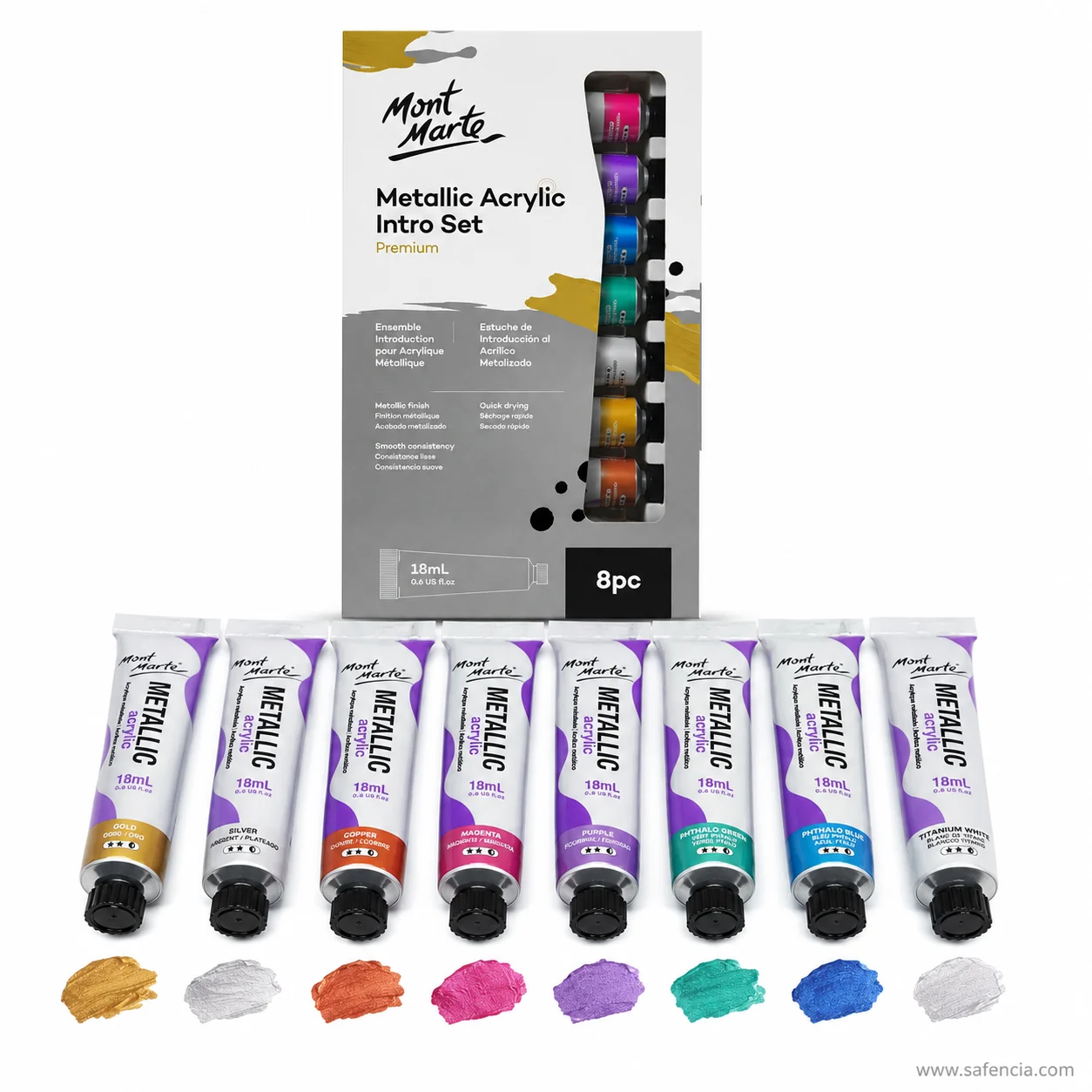 Eight Mont Marte metallic acrylic tubes standing in a row with a metallic swatch under each