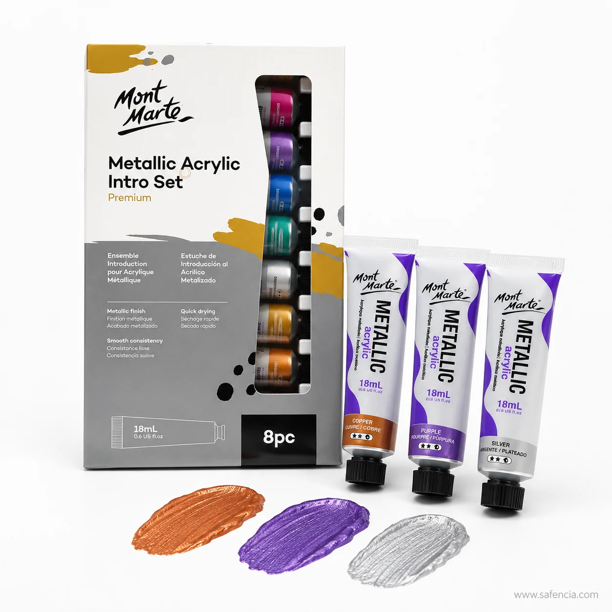 Copper purple and silver Mont Marte metallic acrylic tubes above their three thick painted swatches