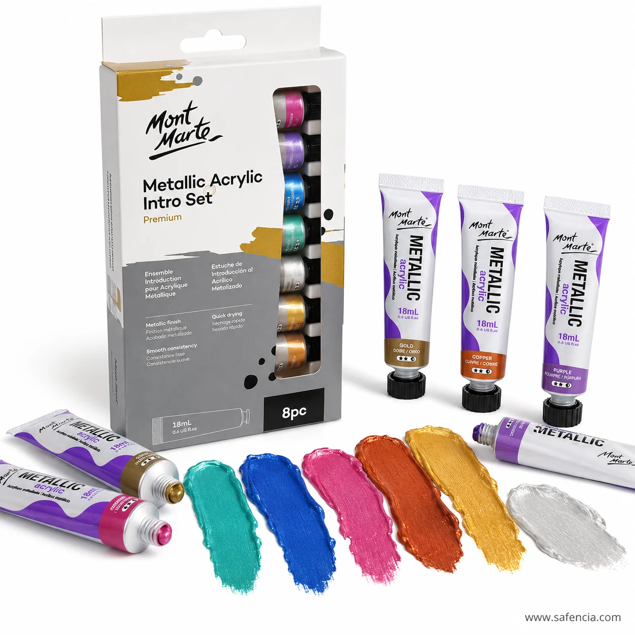 Mont Marte metallic acrylic tube being squeezed beside thick swatches of teal blue pink and gold