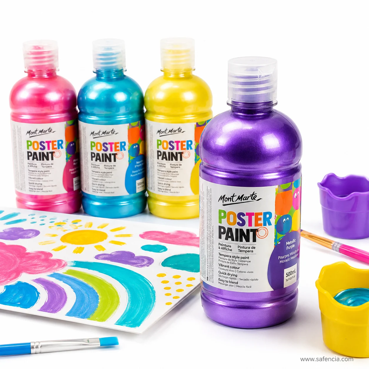 Metallic poster paint bottles standing beside a sheet painted with metallic shapes and dots