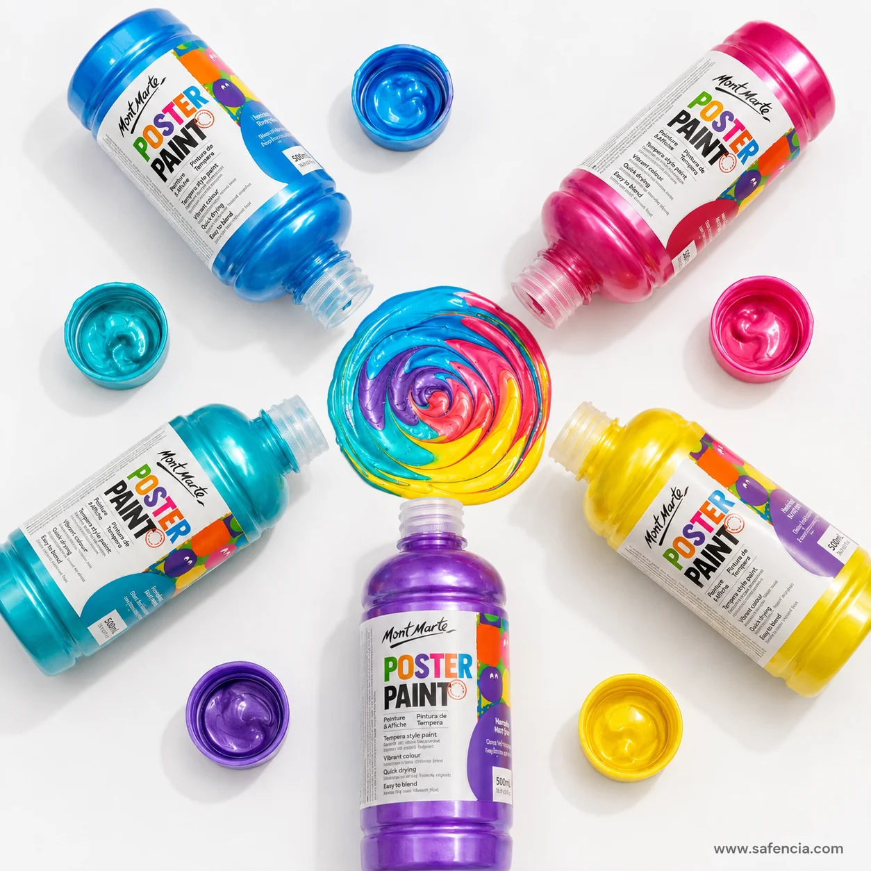 Metallic poster paint bottles lying around a swirl of blended pink blue and yellow paint