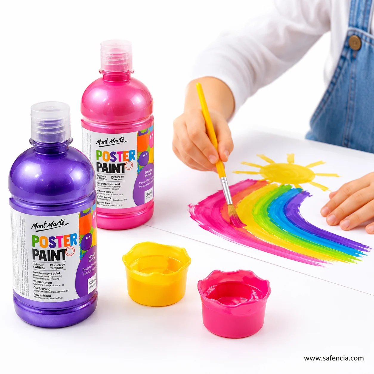 Child painting a rainbow with metallic poster paint beside the purple and pink bottles