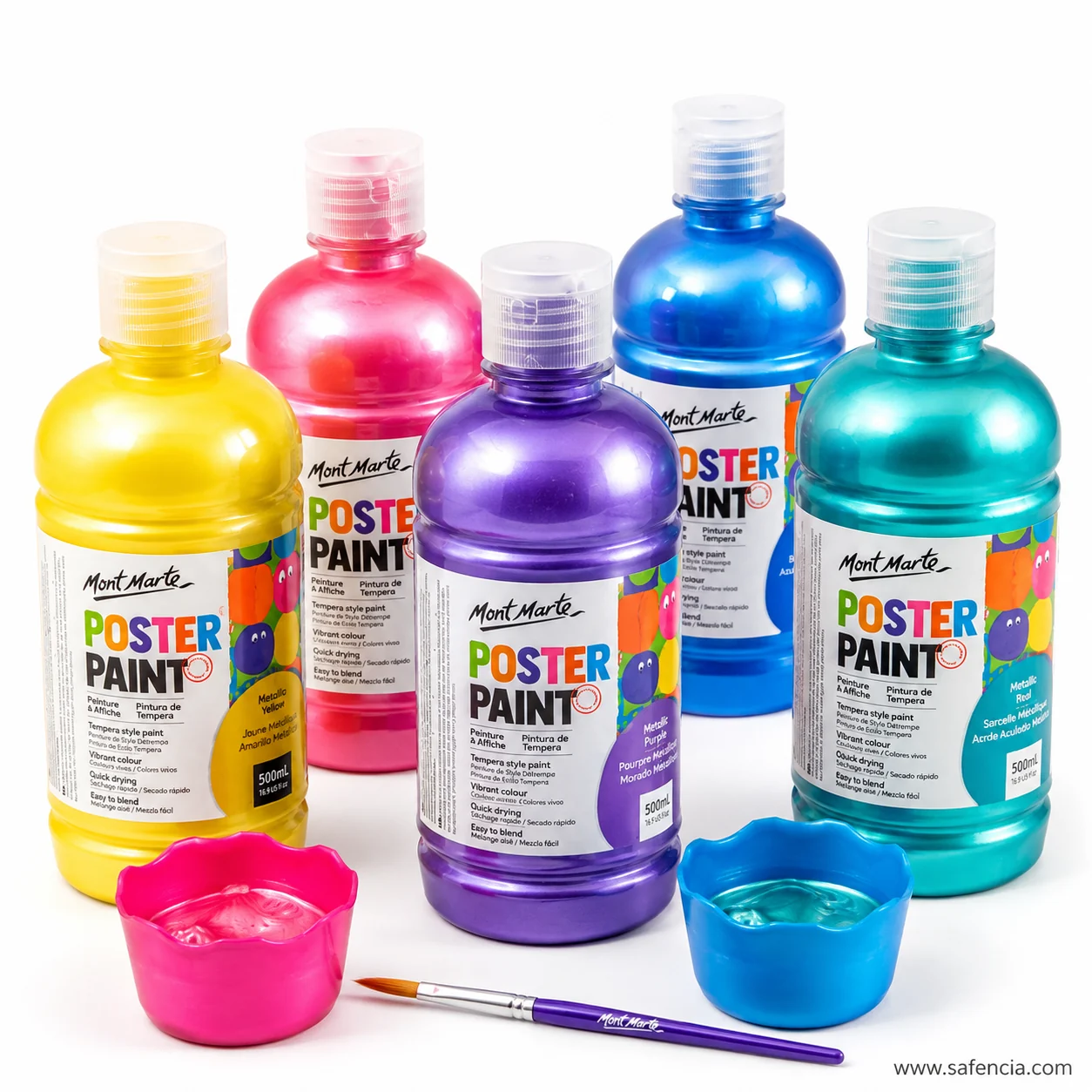 Five Mont Marte metallic poster paint bottles standing together with pots of pink and blue paint