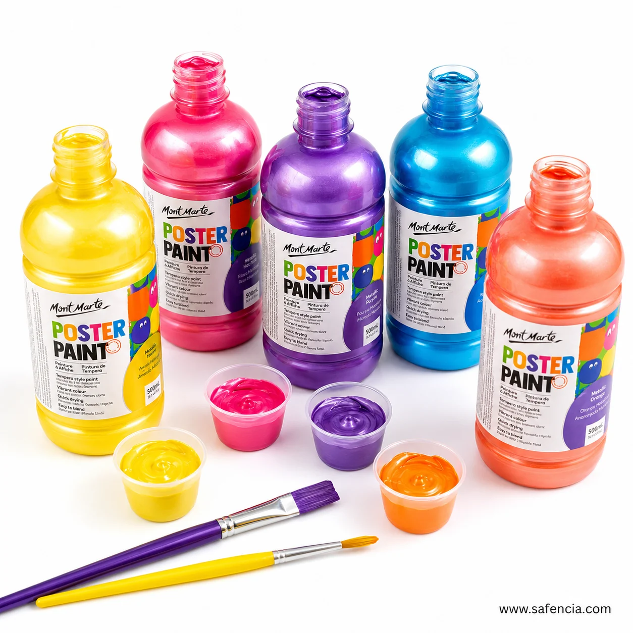 Five metallic poster paint bottles with open pots of yellow pink purple and orange paint