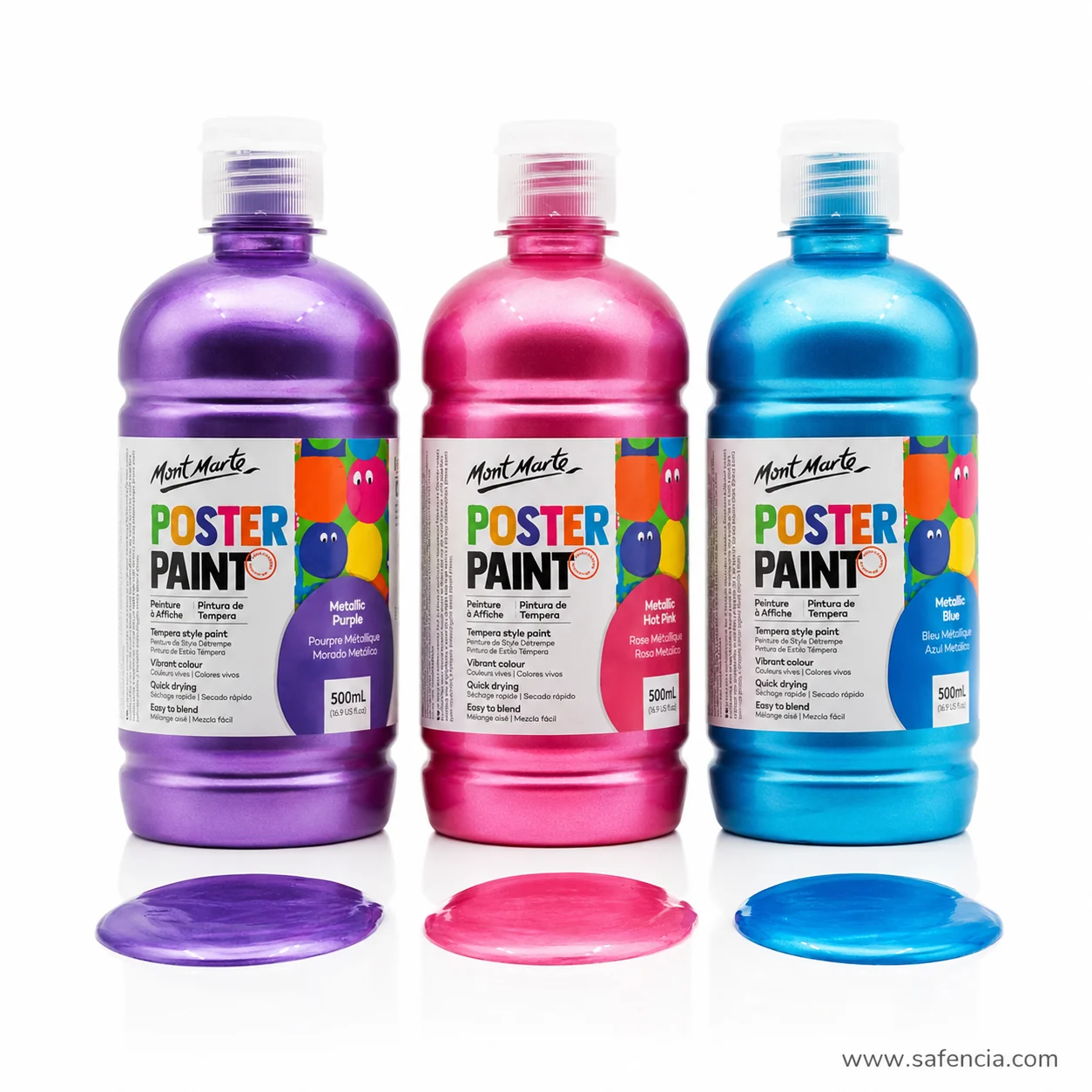 Three metallic poster paint bottles each standing behind a poured puddle of its own colour