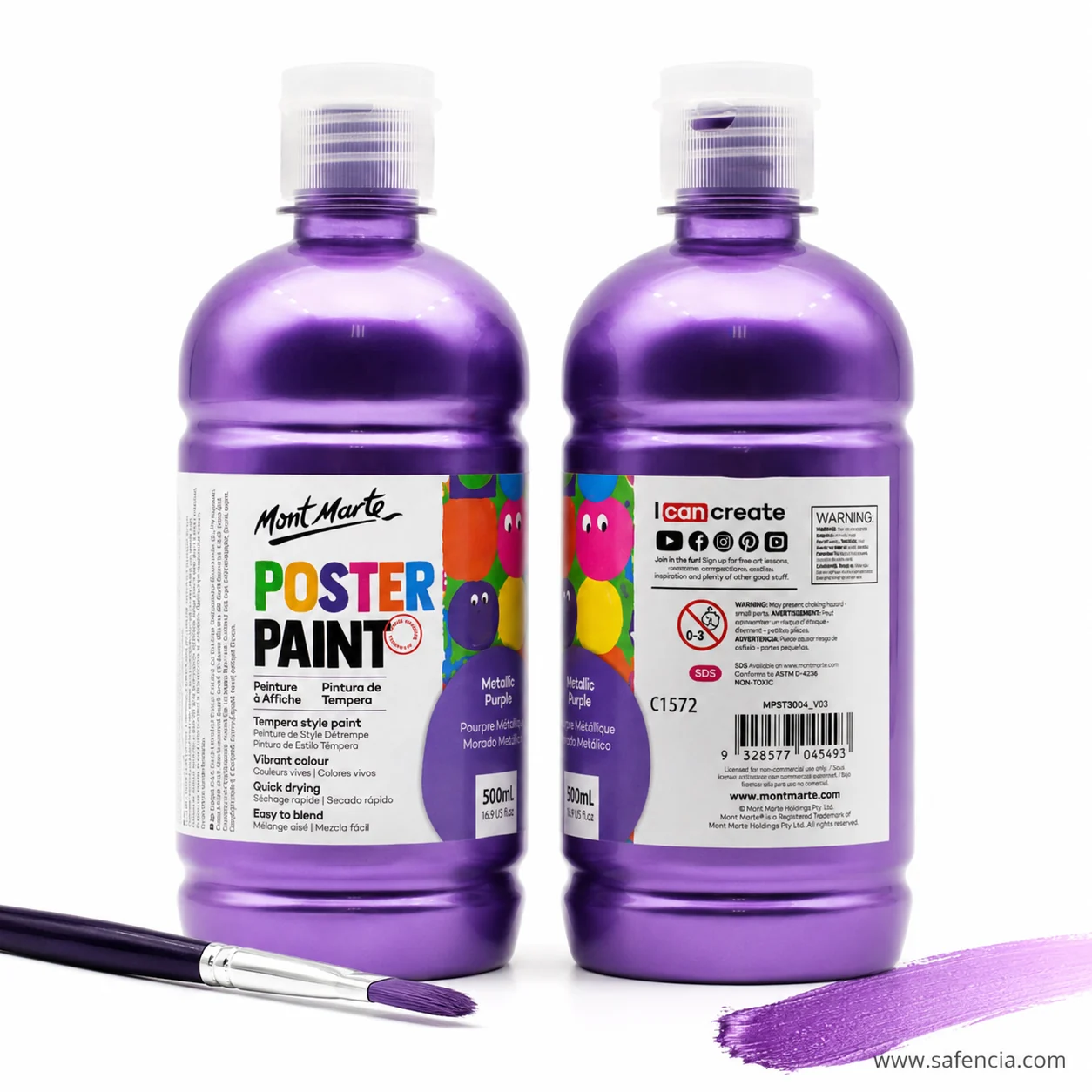 Two Metallic Purple poster paint bottles showing the front label and the back warning panel