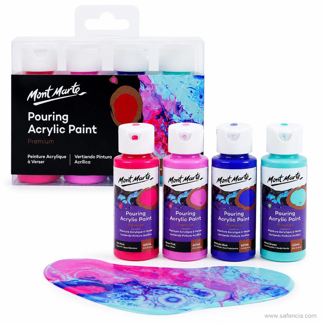 Mont Marte Aurora pouring bottles standing above a wide swirl of pink and turquoise poured paint