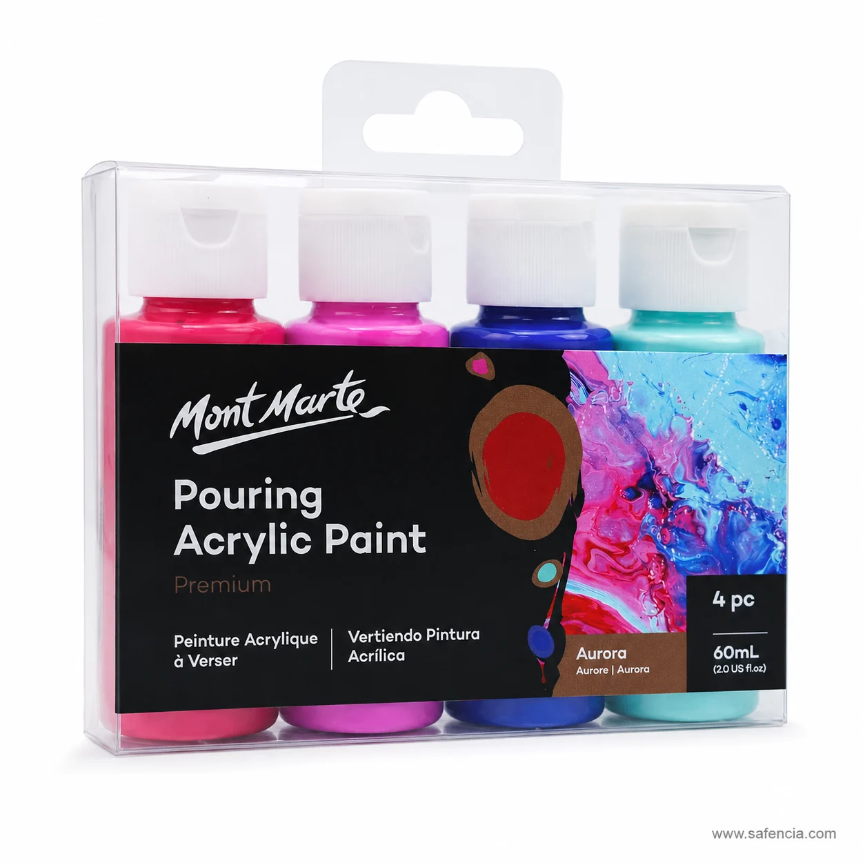 Mont Marte Pouring Acrylic Paint Aurora pack angled to show the hanging tab and the four sealed bottles