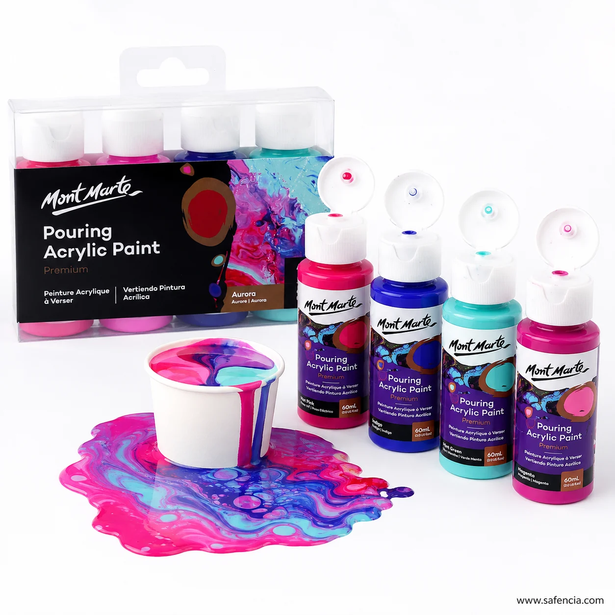 Poured puddle of magenta lilac and turquoise Mont Marte Aurora paint beside a mixing cup and bottles