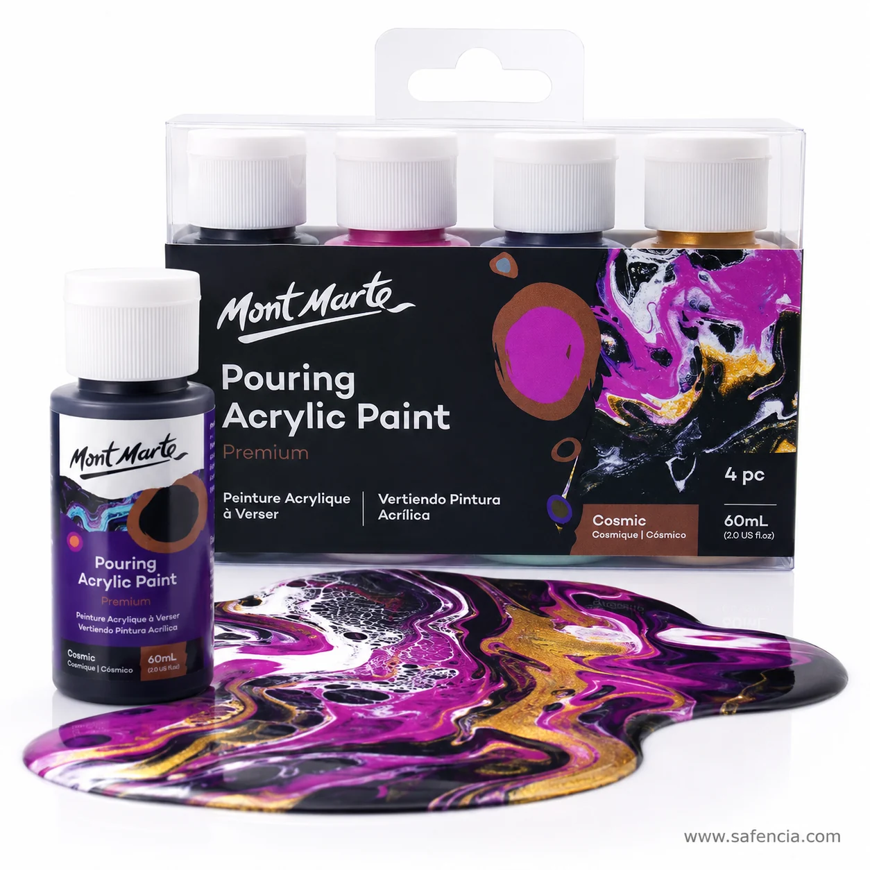 Mont Marte Cosmic pouring pack with a bottle beside a poured puddle of magenta gold and purple