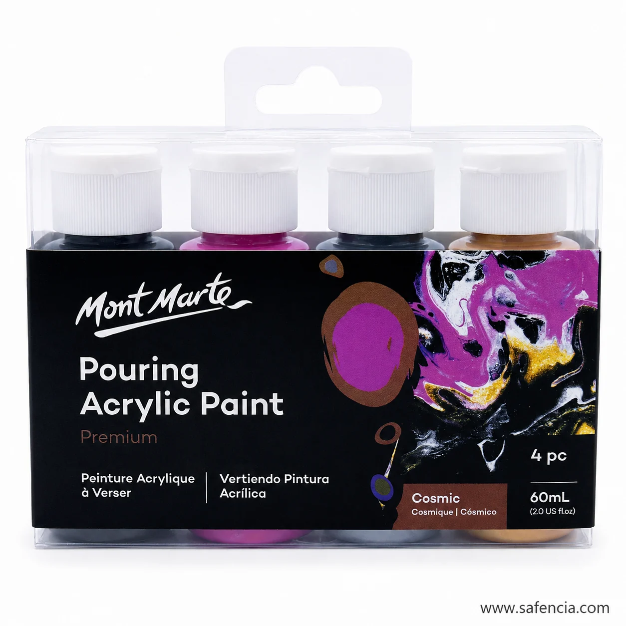 Mont Marte Pouring Acrylic Paint Cosmic pack of four 60 ml bottles in magenta gold black and purple