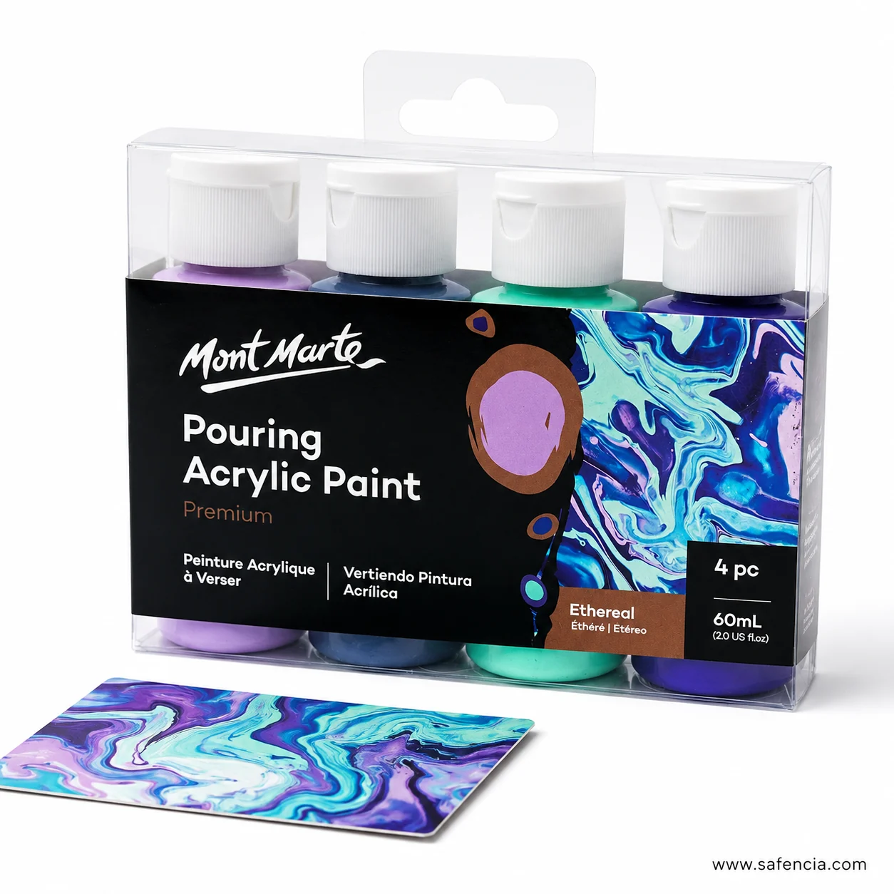 Mont Marte Pouring Acrylic Ethereal pack above a poured card in lilac blue mint and purple