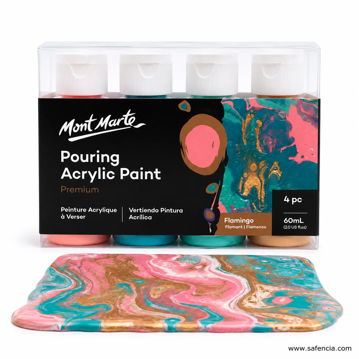 Mont Marte Pouring Acrylic Flamingo pack above a poured board in pink teal gold and coral