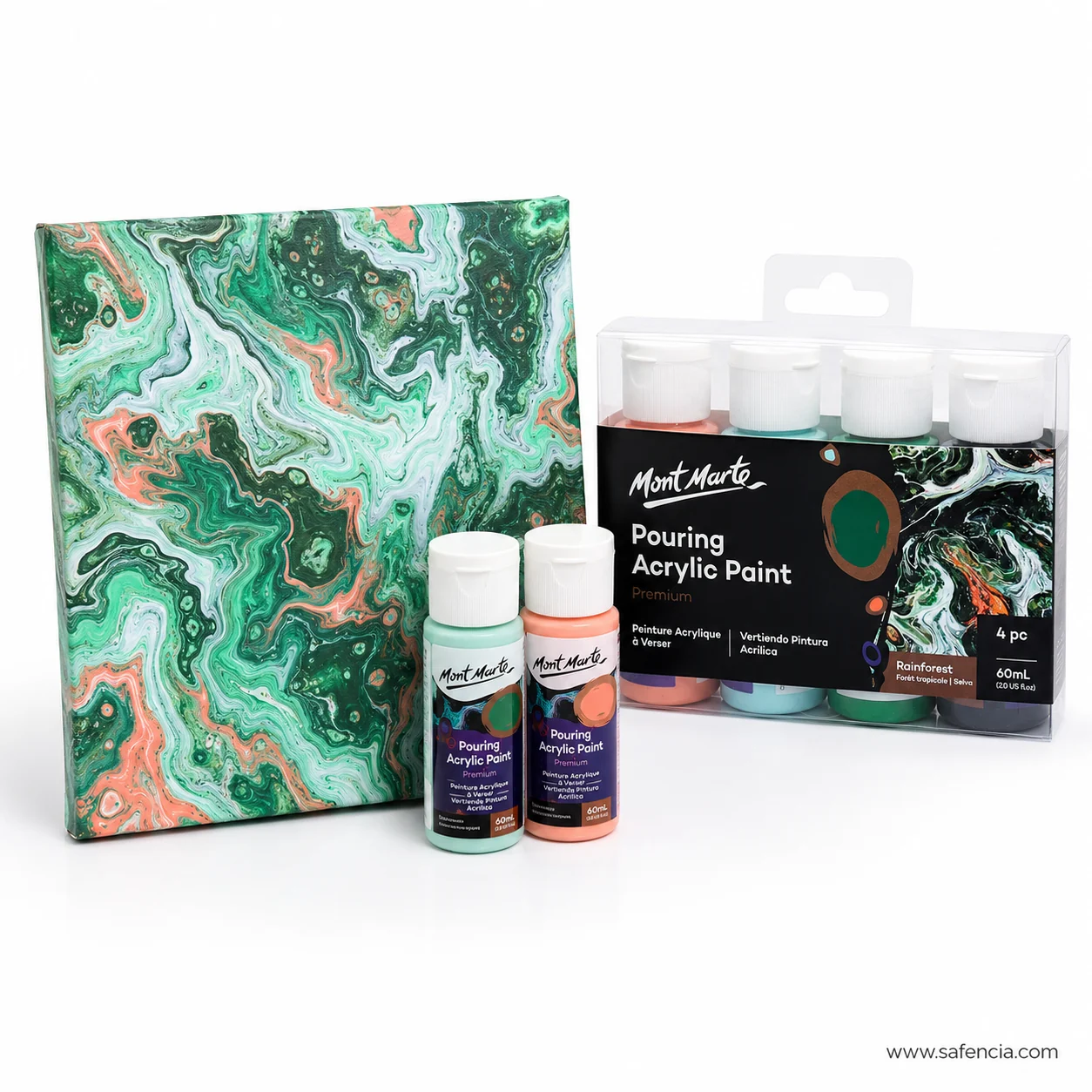 Four Mont Marte Rainforest pouring bottles with a mixing cup and a poured tile beside the pack